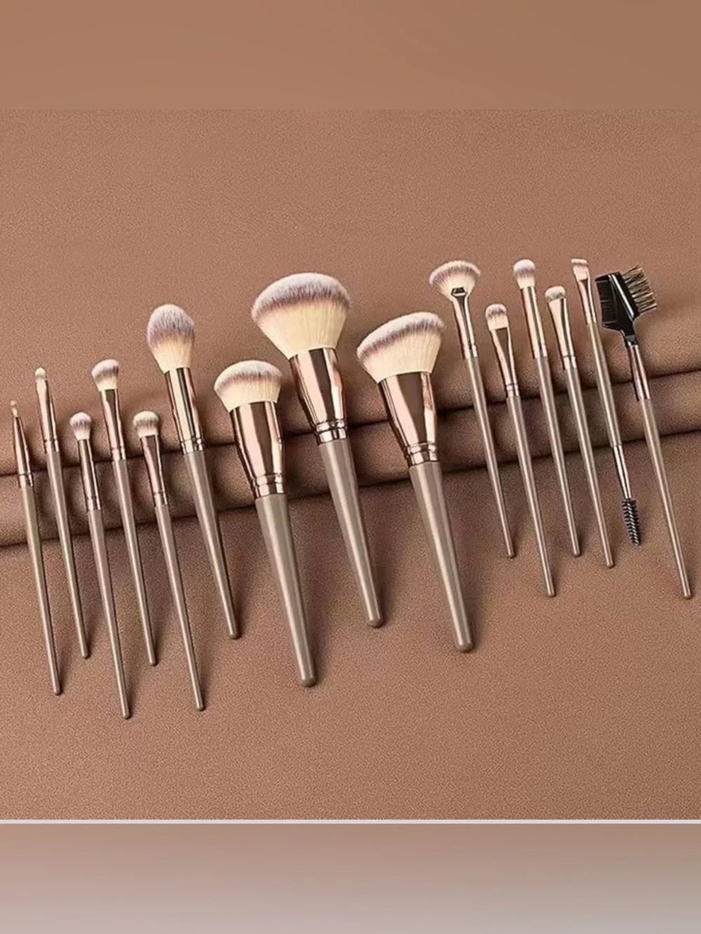 NWT~15pc Professional Makeup Full Face Brush & Case Set~Gray & Champagne Color